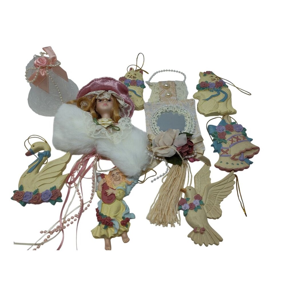 Vintage Style 9 pc Decorative Ornaments, Floral, Angelic, Animal Pastel 5 in